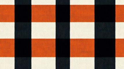 Fototapeta premium A seamless gingham pattern with alternating bold orange and dark green stripes layered over classic black-and-white checks, hd quality, natural texture, textile design, vibrant appearance,
