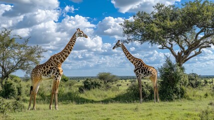 Fototapeta premium Giraffes feeding from treetops African savannah, long necks reaching sky. AI generated