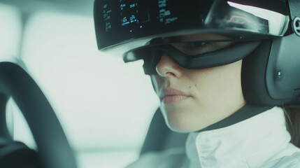 A focused woman wearing high tech helmet and visor, engaged in futuristic driving experience. advanced technology enhances her concentration and excitement