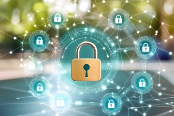Digital Security Network with Padlock.