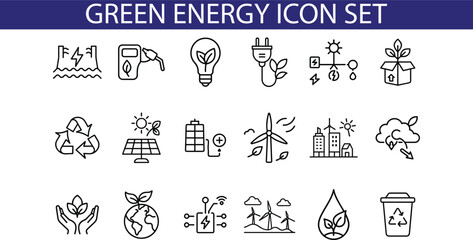 A set of 18 black and white line icons depicting sustainable energy sources like solar, wind, hydro, and ecofriendly practices like recycling and planting trees.