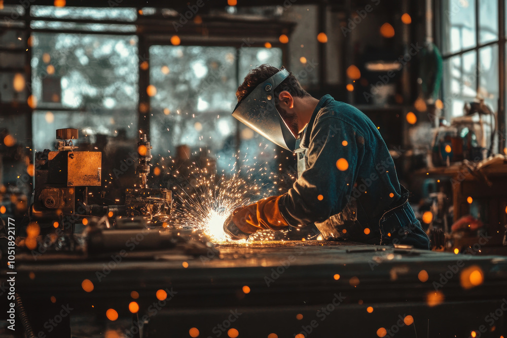 Wall mural man welding in factory amidst sparks and machinery, wearing protective gear and focused expression. 