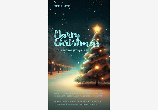 Holiday & Winter Templates: Creative Christmas Tree Design with Starry Snowy Background & Merry Christmas Text Overlay Holiday Template Generative AI