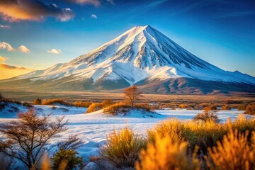 Fototapeta premium Majestic Snow-Covered Avachinsky Volcano in Kamchatka's Stunning Landscape Captured in High Depth of Field for Nature and Travel Enthusiasts