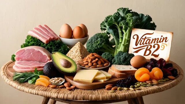 Various fresh food with the sign vitamin B2, meat, vegetables, broccoli, nuts, greens