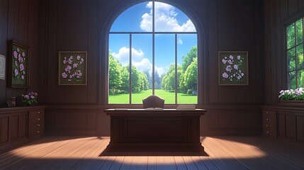 Fototapeta premium Elegant Wooden Office With a View of a Lush Green Garden.