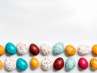 Colorful Easter Egg bottom border over a white paper banner background. Copy space and seamless edges.