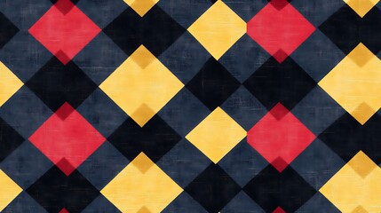 Fototapeta premium A seamless gingham pattern with diamond shapes in bright red and yellow, scattered across a black gingham background, hd quality, natural texture, textile design, bold look, fabric texture,