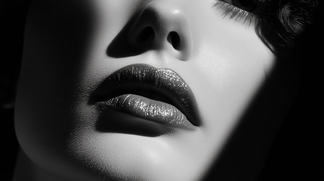 High Contrast Close-Up Of Glossy Woman's Lips And Nose In Monochrome