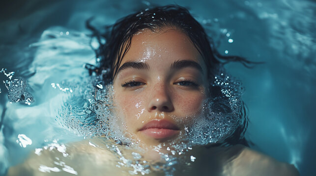 Soft Underwater Portrait Woman With Natural Bubbles And Ripples Calm Expression