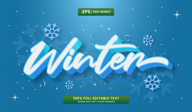 Winter 3D blue text snowflakes blue background. Editable text effect vector illustration