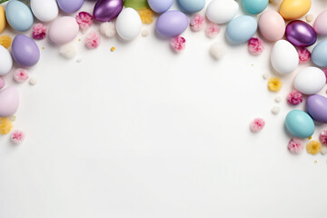 Frame of colored eggs, Easter background for congratulations and holiday. Space for text and pictures,seamless edges.