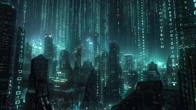 A futuristic city skyline illuminated by digital screens and binary code.
