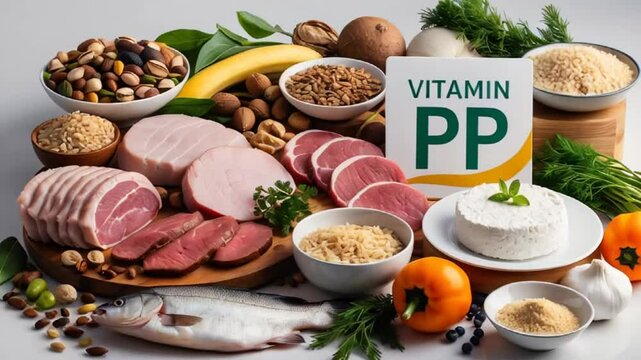 Varius fresh food with the sign vitamin PP meat, sereals, cotton cheese, nuts, greens
