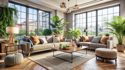 Fototapeta premium Modern Lounge Room with Stylish Furniture, Cozy Textiles, and Elegant Décor for Relaxation and Comfort in a Bright, Airy Space