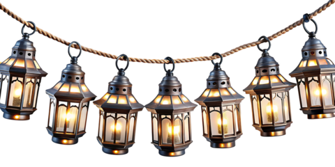 Hanging lantern string lights isolated on white background.AI GENERATED