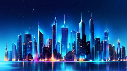 Fototapeta premium Colorful skyline with illuminated skyscrapers