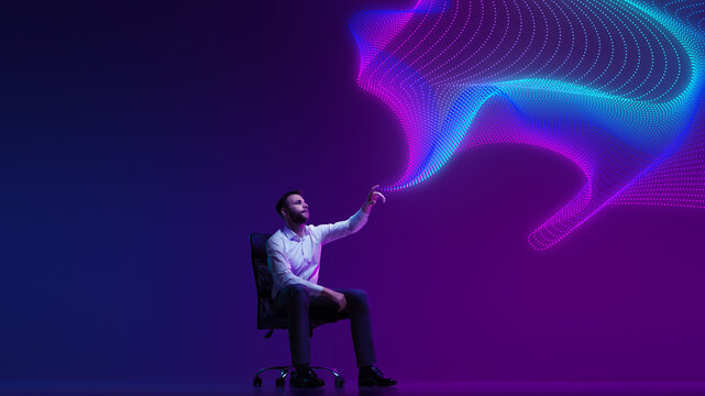 Businessman explores dynamic wave of data in digital neon light against vibrant data cloud swirl against gradient vibrant background. Concept of information, network, business, modern technology. ad