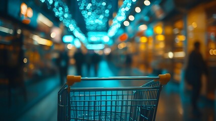 Shopping&nbsp;cart handle&nbsp;detail, blurred supermarket interior, warm&nbsp;bokeh lights, retail&nbsp;store&nbsp;atmosphere, defocused&nbsp;aisles, modern&nbsp;grocery&nbsp;environment, cinematic lighting.