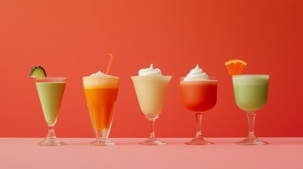 Five different beverages in various types of glasses, arranged in a row against a gradient orange background