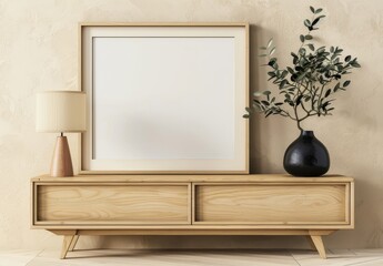 Elegant Wooden Sideboard Displaying Minimalist Frame and Decor.