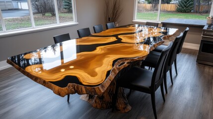 The kitchen island features a stunning black and gold epoxy resin countertop that enhances a luxurious interior