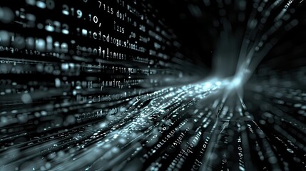 Visual representation of a cloud network with streams of binary data flowing between servers.