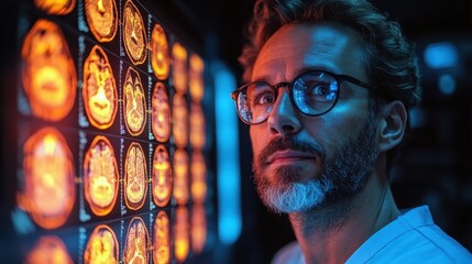 A focused professional analyzing brain scans in a dark setting.