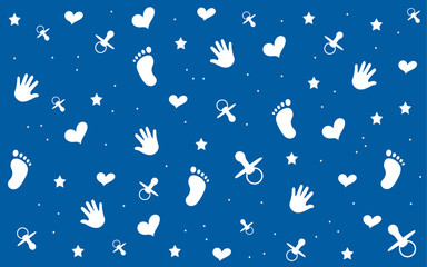 Baby vector background. Handprint, footprint, soother, heart. Blue vector illustration.