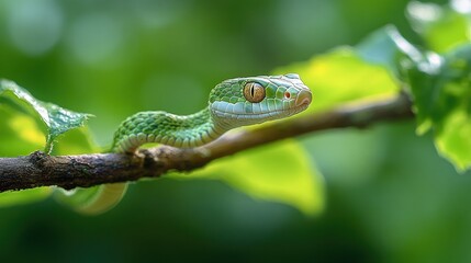 Fototapeta premium A close-up of a green snake resting on a branch among leaves.