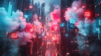 Obraz premium A futuristic cityscape with neon lights and floating digital icons in a hazy, smoky atmosphere.