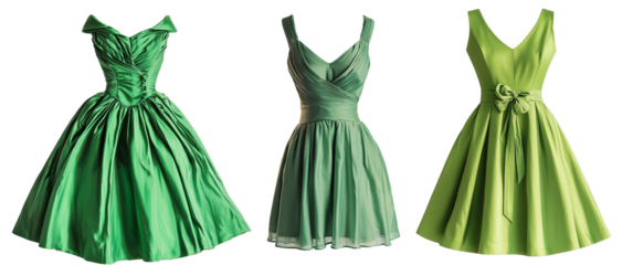 set of  isolated green silk evening dresses
