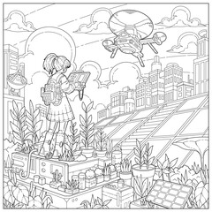 Fantasy girl becomes a pilot of technology drone in future city. Learning and education coloring page illustration for adult and children. Vector outline style, black and white drawing.