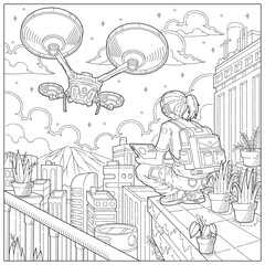 Fantasy girl becomes a pilot of technology drone in future city. Learning and education coloring page illustration for adult and children. Vector outline style, black and white drawing.