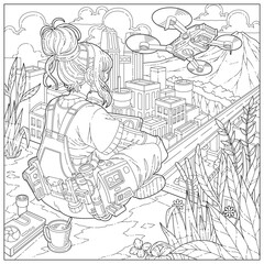 Fantasy girl becomes a pilot of technology drone in future city. Learning and education coloring page illustration for adult and children. Vector outline style, black and white drawing.