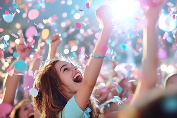 Obraz premium A Thrilling Moment of Joy as Confetti Rains Down On the Crowd, Capturing the Essence of Pure Happiness and Unforgettable Memories Together.