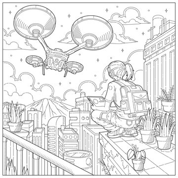Fantasy girl becomes a pilot of technology drone in future city. Learning and education coloring page illustration for adult and children. Vector outline style, black and white drawing.