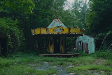 Abandoned carousel in overgrown greenery.