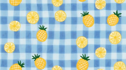A seamless gingham pattern with tiny pineapple slices, featuring yellow and green hues, scattered over a blue gingham background, hd quality, natural texture, textile design, tropical feel,