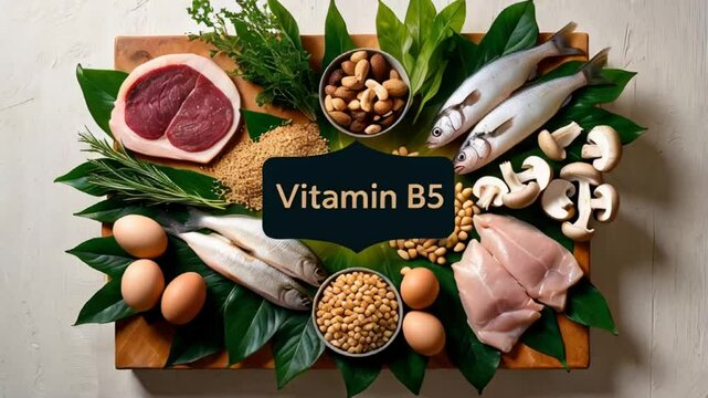  Various fresh food with the sign vitamin B5 meat, fish, eggs, nuts, greens