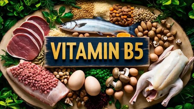  Various fresh food with the sign vitamin B5 meat, fish, eggs, nuts, greens