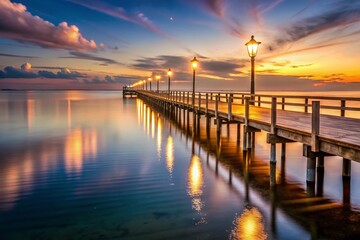 Fototapeta premium Enchanting Low Light Photography of a Wood Pier Illuminated by Decorative Light Posts at Dusk