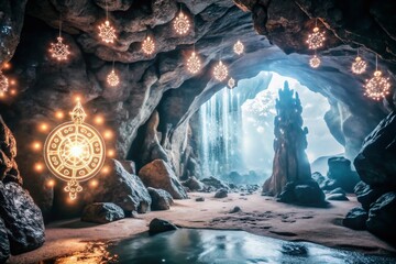 Enchanting Silhouette of a Mystical Cave with Glowing Crystals and Ancient Symbols for Magical Landscapes