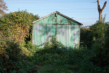 derelict lock up storage shed. aged out building with overgrowing foliage  