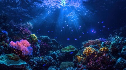 Obraz premium A vibrant coral reef teeming with life, bathed in sunlight filtering through the clear water.