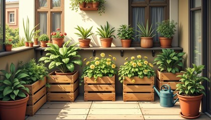 Fototapeta premium Balcony garden with various potted plants in wooden crates