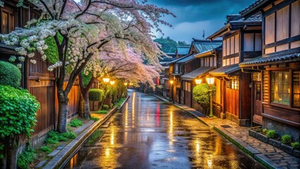 Fototapeta premium Serene Night in Gion District, Kyoto: Springtime Lanterns Illuminate Empty Streets and Gardens with Reflections on Wet Pavement