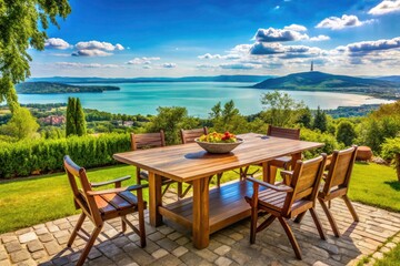 Serene Table and Chairs Overlooking Lake Balaton in Badacsony, Hungary - Scenic View, Outdoor Dining, Nature, Relaxation, Tranquility, Landscape Photography