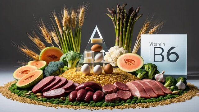 Various fresh food with the sign vitamin B6


