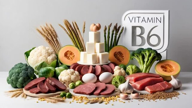 Various fresh food with the sign vitamin B6

